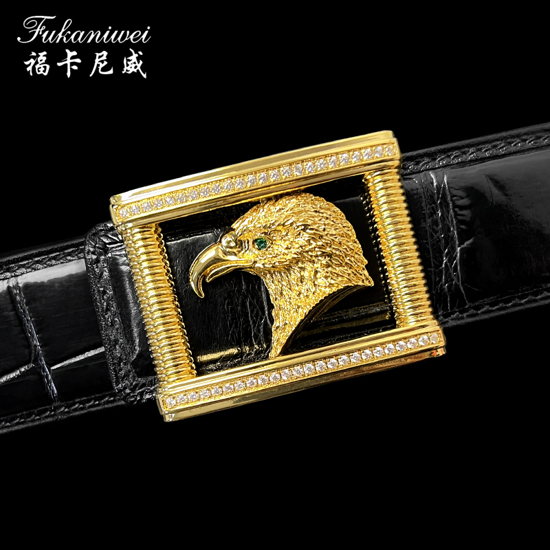 正品鳄鱼皮皮带男真皮男士商务平滑扣高档鹰扣镶钻中青年休闲腰带