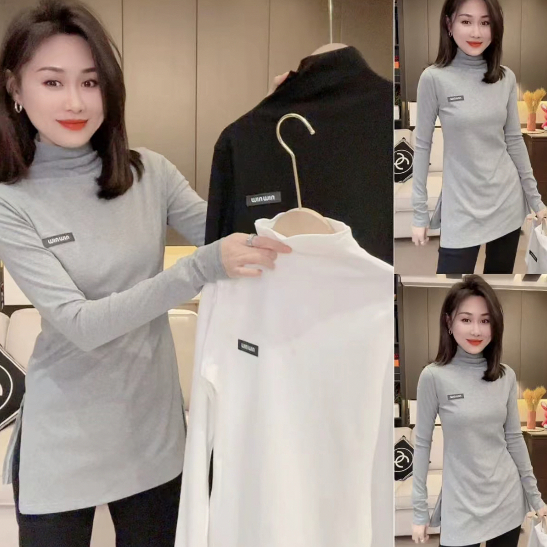 新款欧货时尚小高领侧开衩休闲减龄中长款网红同款长袖上衣