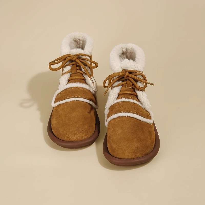 加绒勃肯鞋女2023秋冬新款平底防滑厚底雪地靴保暖系带短靴女棉鞋