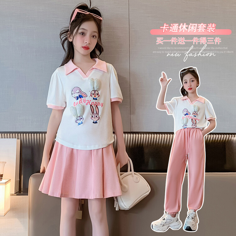 多巴胺穿搭女童夏装套装裙2024新款洋气夏季中大童短袖裤子两件套