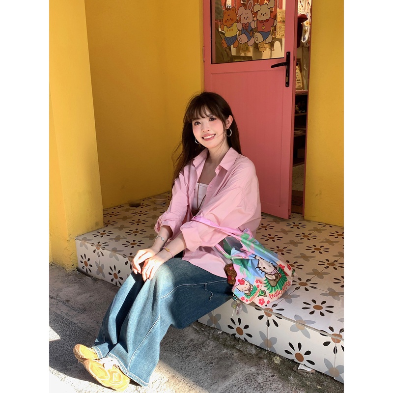 小沈美眉 粉色大版宽松衬衫女秋季慵懒高级感长袖显瘦衬衣上衣女