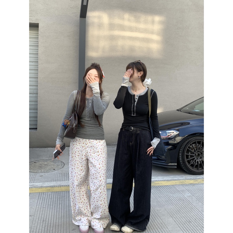 小沈美眉 拼接艺术 撞色明线针织打底衫女秋冬半开领修身T恤上女