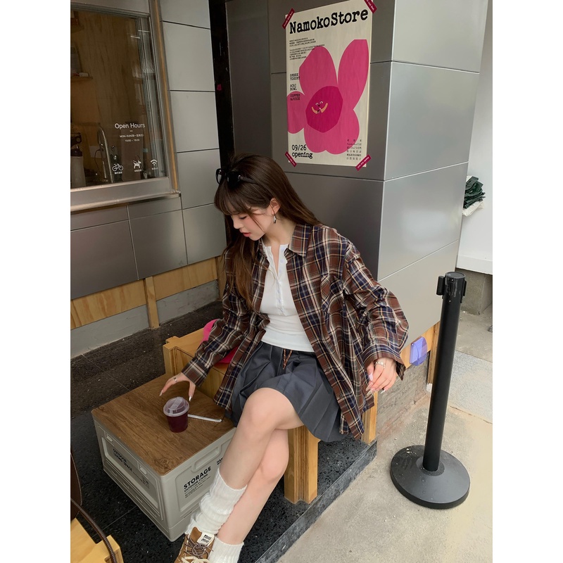 小沈美眉 焦糖可可 复古咖啡色长袖格子衬衫秋宽松显瘦衬衣女