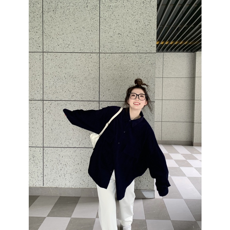 小沈美眉日杂风灯芯绒衬衫春秋宽松加厚藏青色衬衣长袖外套上衣女