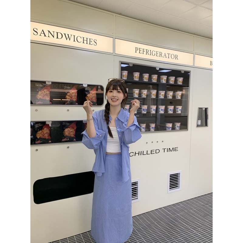 小沈美眉 舒适拉满 条纹衬衫长裙套装秋宽松衬衣半身A字长裙女