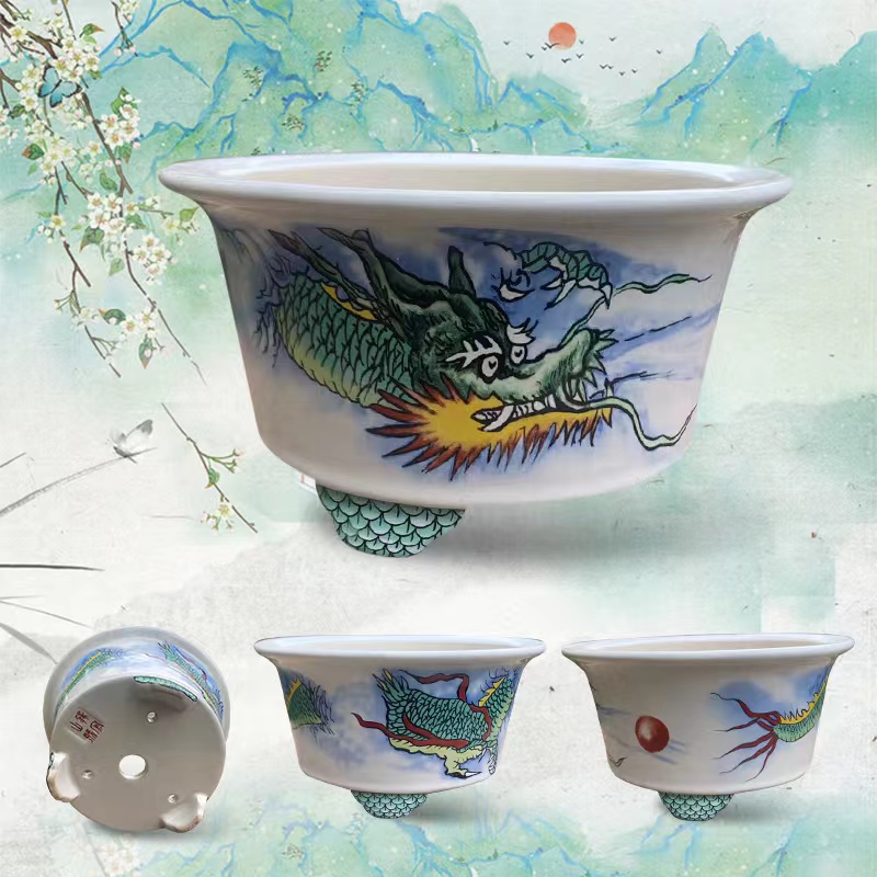 高温彩绘龙雪景山水三脚圆盆多肉盆景花盆杂木花草吸水透气陶瓷