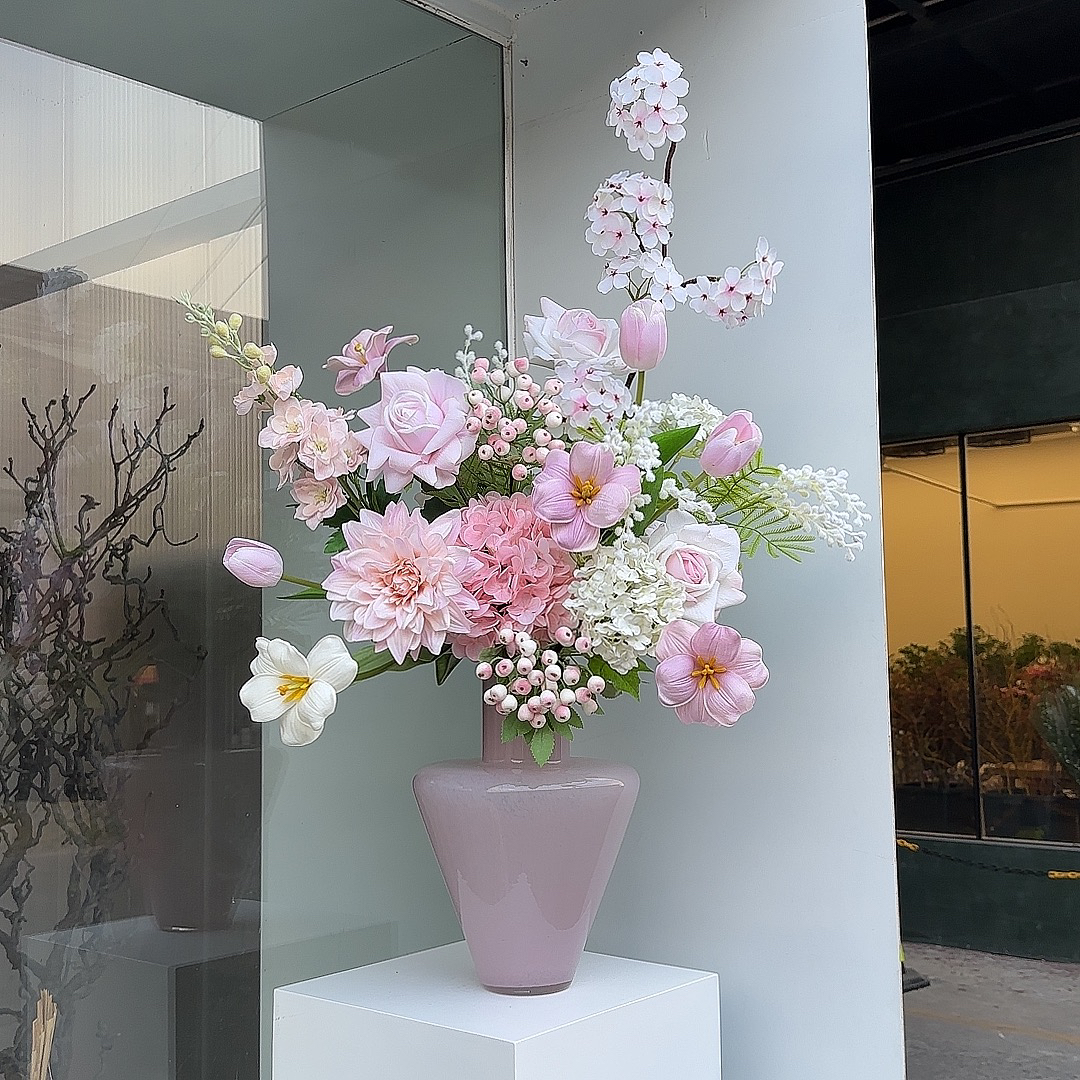 成品福利款原创设计高质感粉香槟绿色仿真花成品插花餐桌花艺假花