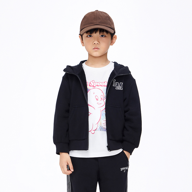 little moco童装22冬装新款男童格纹连帽拉链卫衣外套#KBB4JKTT02