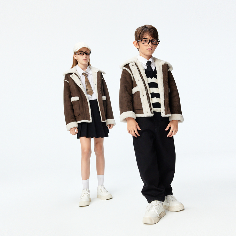 littlemoco童装24冬装男女仿麂皮绒机车仿羊羔毛外套#KBD4COT009