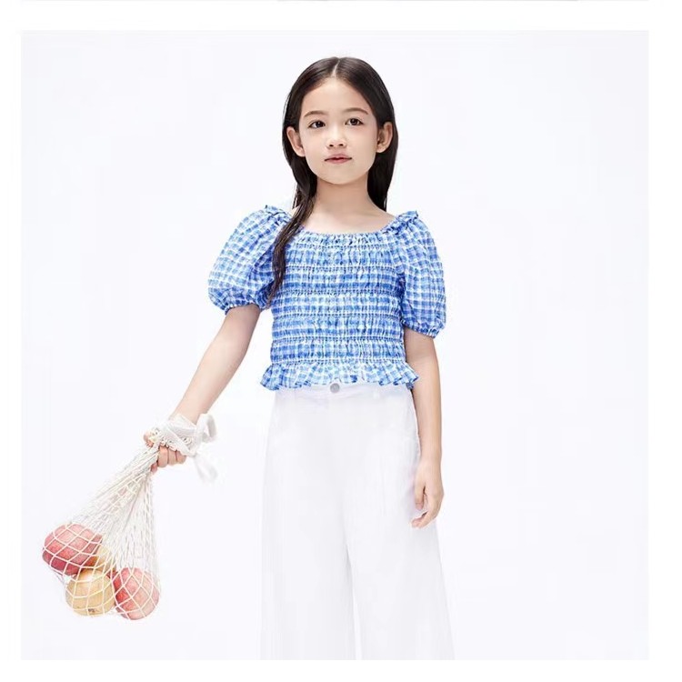 【LittleMoco】童装夏装女童格子短款衬衫短袖泡泡袖#KBA2TOP001