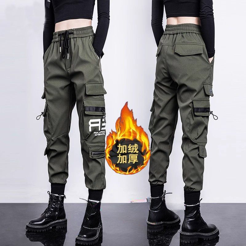 工装裤女秋冬加绒加厚2023新款小个子休闲哈伦裤束脚多口袋裤子潮