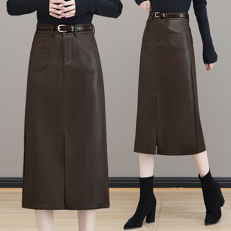 皮裙半身裙女中长款2023秋冬新款高腰过膝a字包臀裙开叉一步长裙