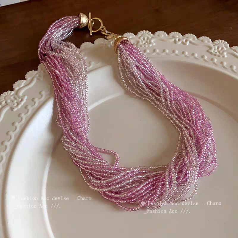 铜合金项链 西洋中古风vintage复古宫廷粉色多层编织项链甜美百搭