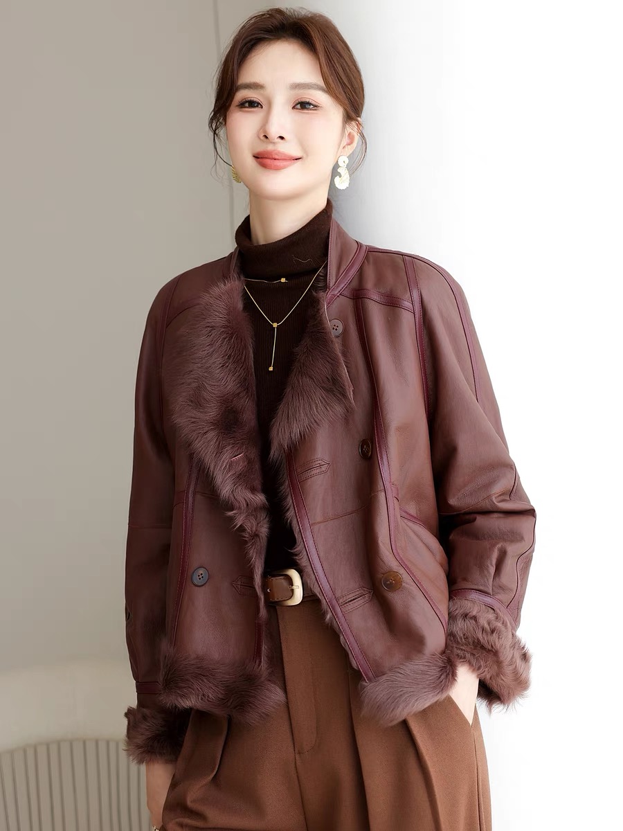 【欣儿家】2024新品气质休闲小湖羊皮毛一体双面穿真皮外套短款时尚