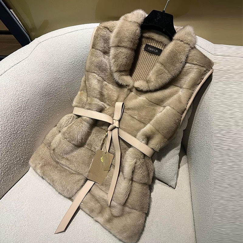 2025秋冬新进口整水貂马甲针织羊毛拼接貂皮皮草外套短款背心年轻