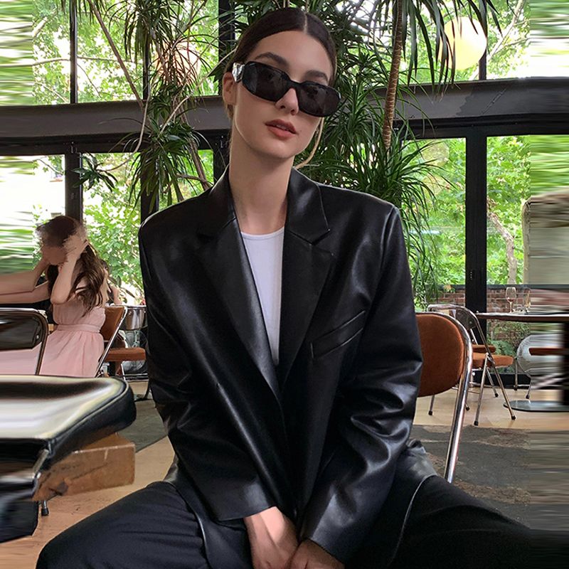 加厚中长款皮衣西装外套女宽松2023秋冬新款PU皮高级感炸街西服女