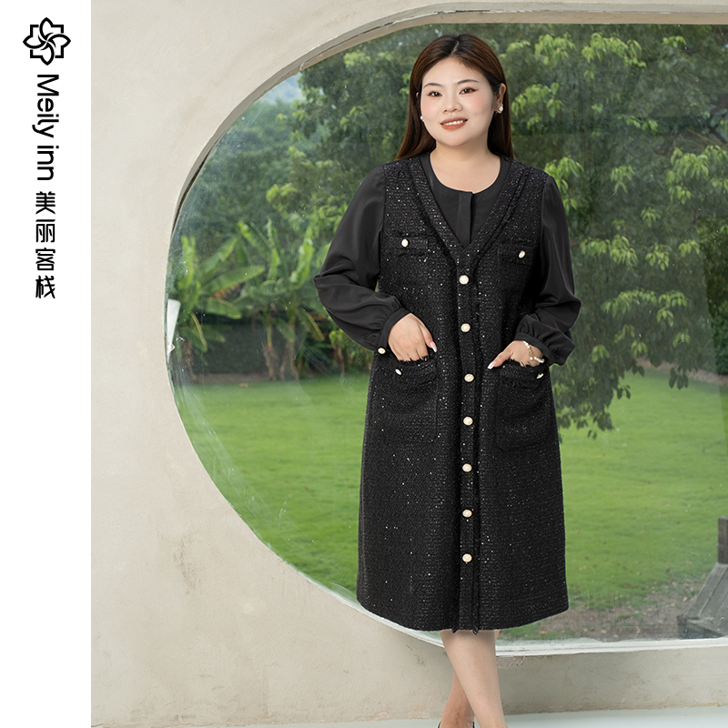 美丽客栈高端复古优雅小香风大码连衣裙女立体显瘦气质长袖裙子秋