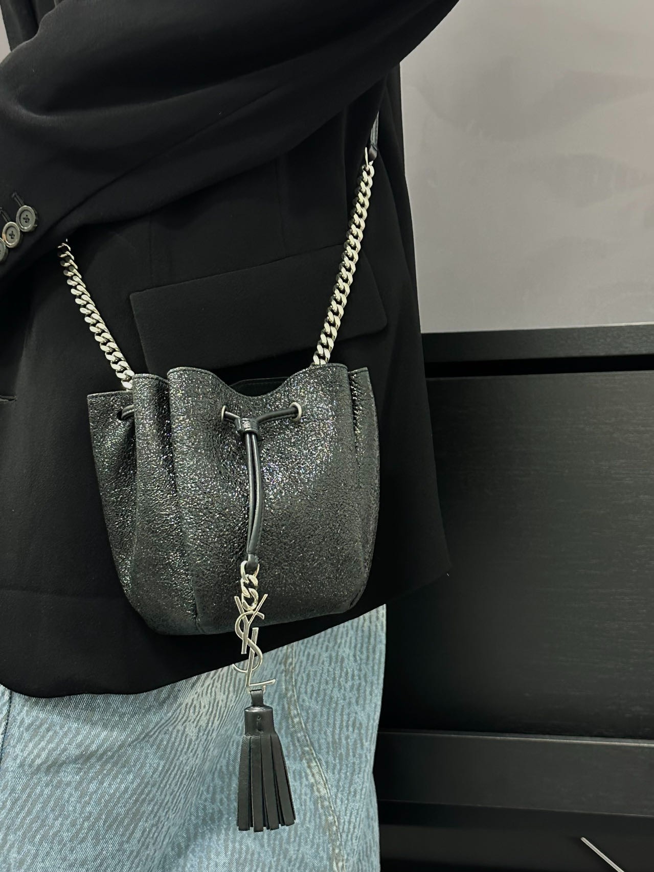 95新 YSL/圣罗兰 CS4362/ 黑银流苏烧卖 斜挎