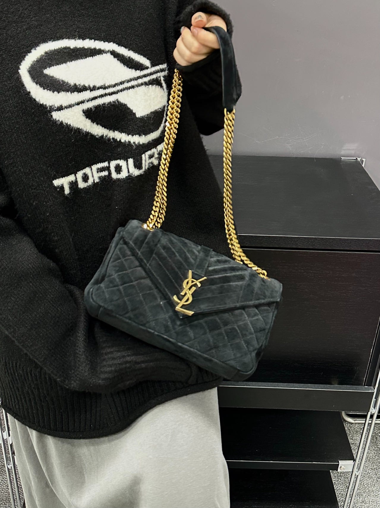 95新 YSL/圣罗兰 CS4388 黑金丝绒链条包