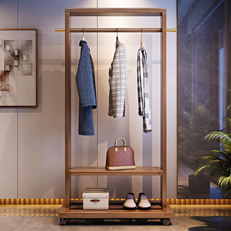 实木挂衣架衣帽架落地卧室胡桃木加高加粗简约多功能可移动衣服架