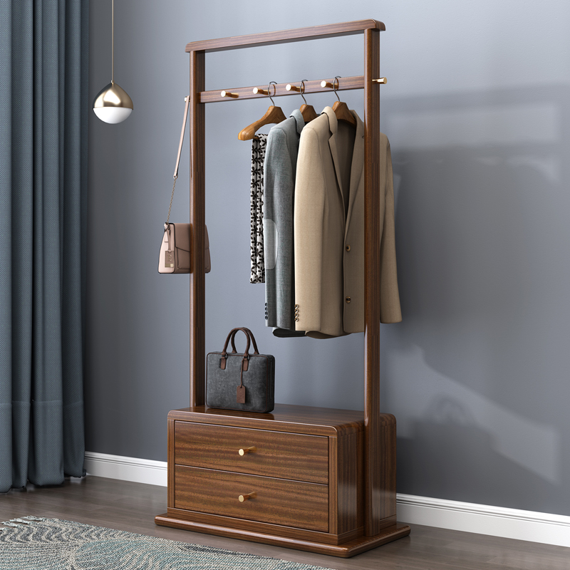 新中式实木挂衣架落地卧室胡桃木衣帽架简约房间抽屉收纳储物衣架