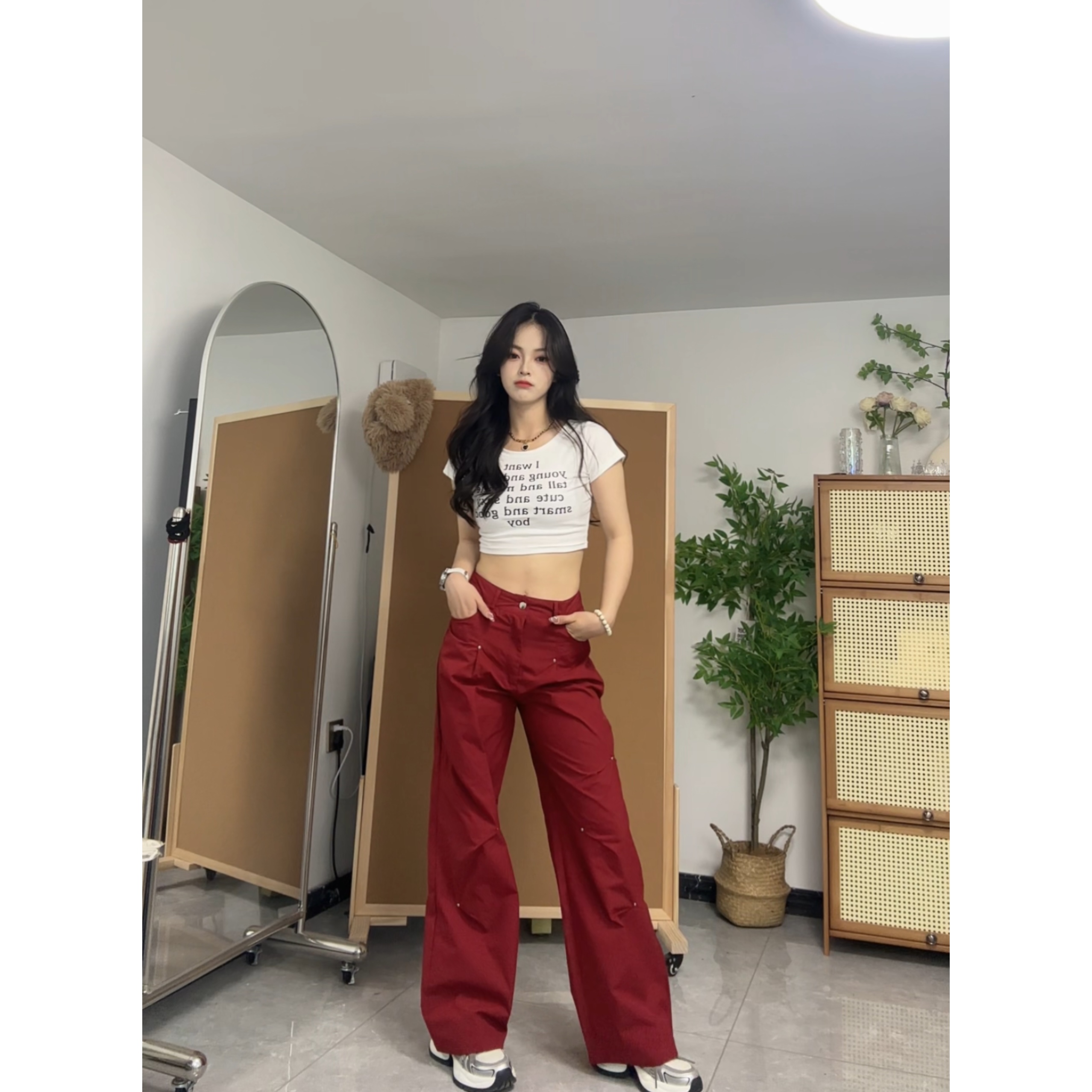 美式高腰休闲宽松显瘦直筒辣妹百搭拖地工装裤高街时尚铆钉工装裤