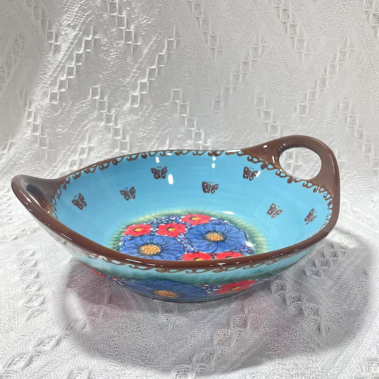 【泡芙专属】西里西亚手绘琉璃蓝彩-9.5英寸双耳提柄沙拉碗