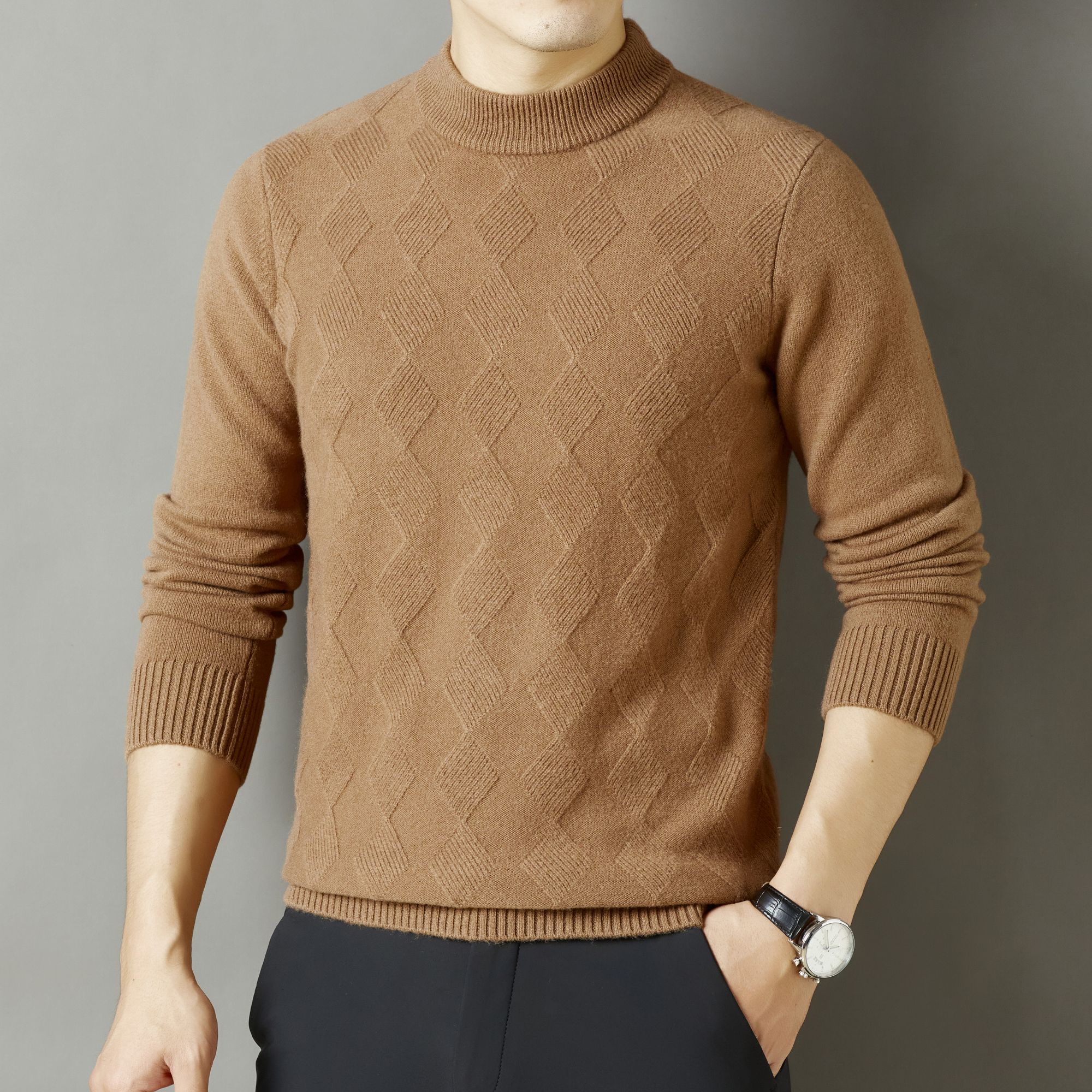 100%加厚半高领纯羊毛衫格子花纹九针加厚绵羊毛衫针织毛衣