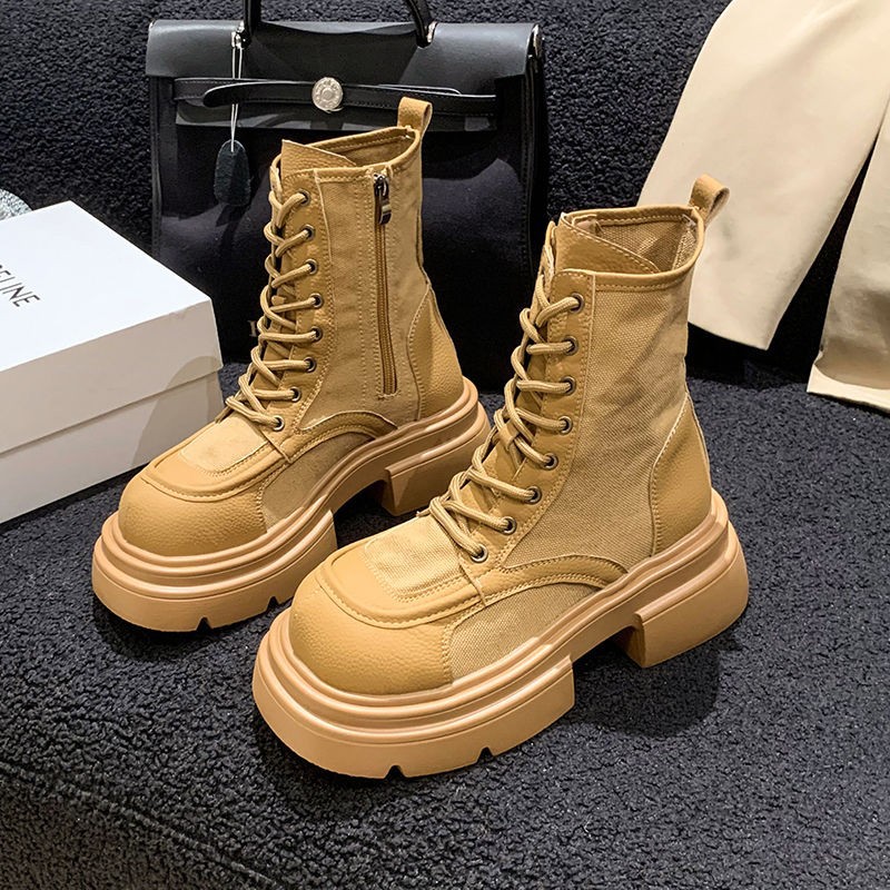 23年秋冬新款时尚短靴棕色大黄短靴女厚底马丁靴女英伦风高帮系带