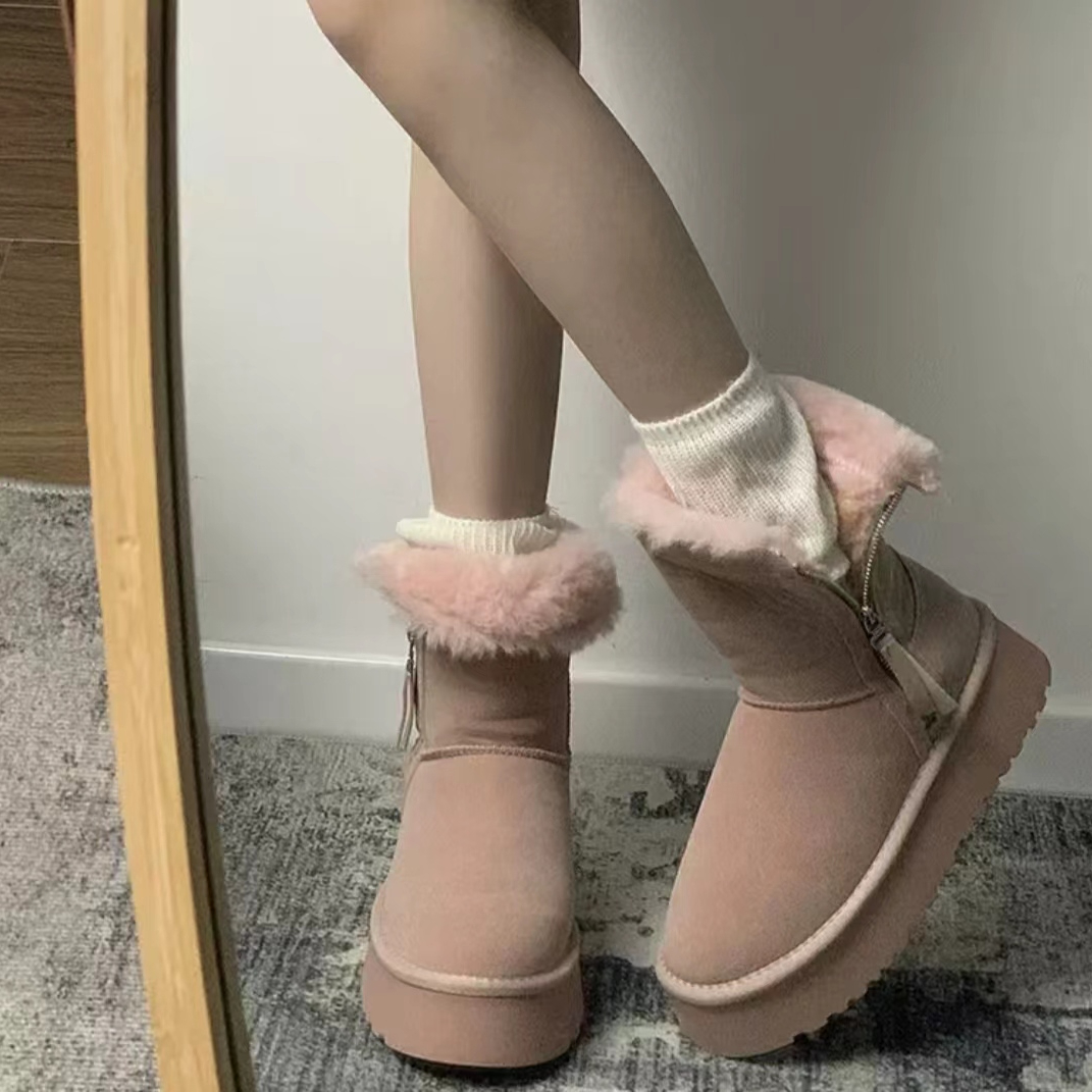 新款冬季女鞋中筒雪地棉加绒加厚棉鞋厚底雪地靴女英伦风莱卡卡女