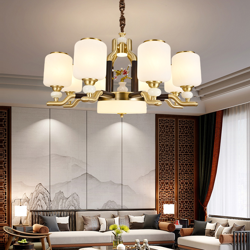 新中式全铜红木客厅餐厅灯吊灯大气自建房别墅二层复式楼梯吊灯具