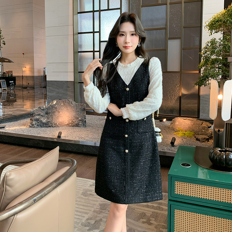 奢姿2025年冬季新款大码女装小香风拼接裙子胖妹妹假两件连衣裙