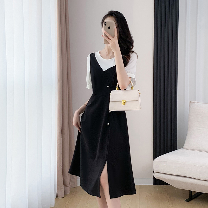 奢姿2025年夏季新款大码女装拼接假两件连衣裙胖妹妹时尚裙子