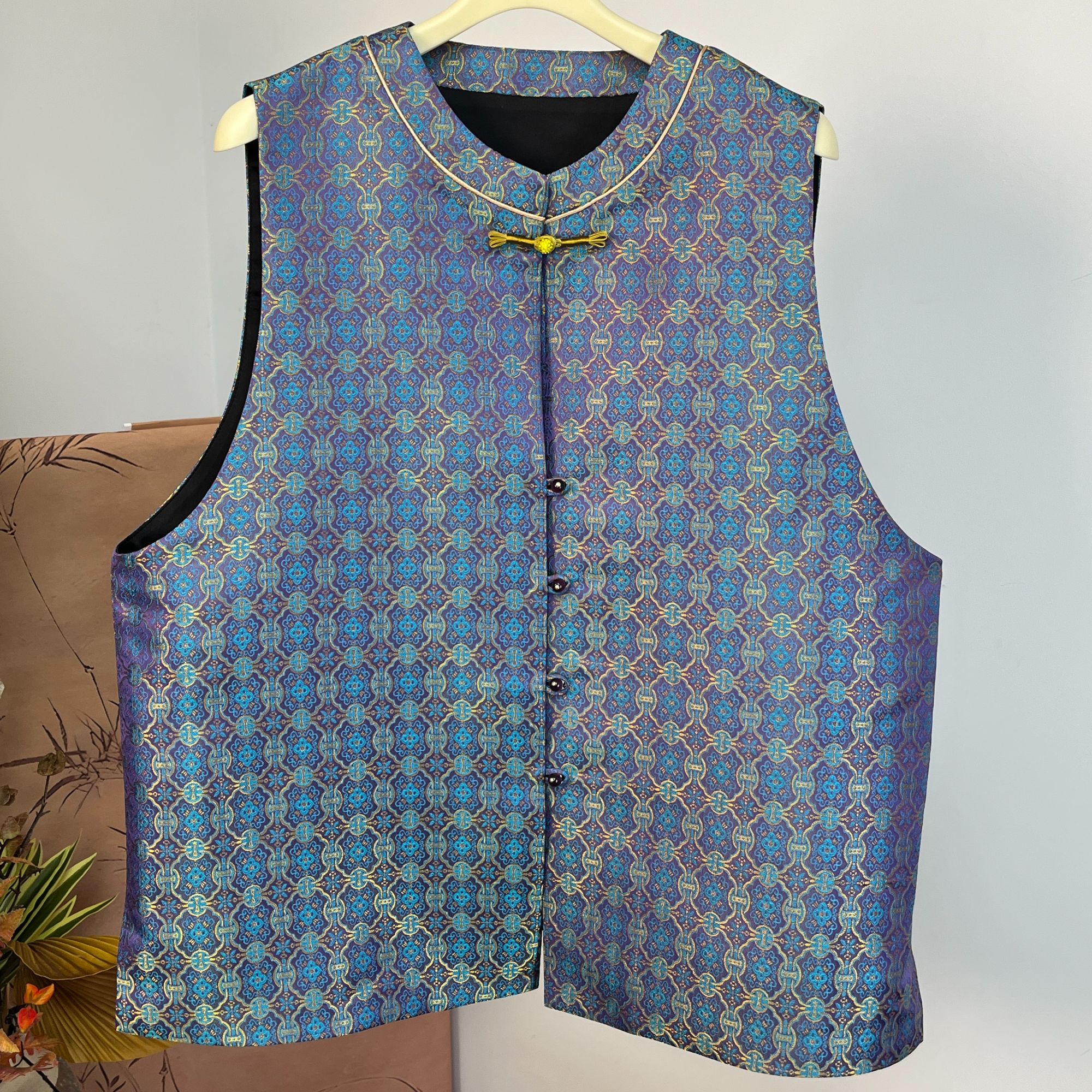 大码织金宋锦马甲【蓝金定胜纹】