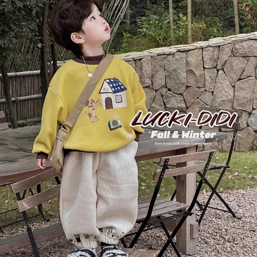 儿童韩国童装2025秋季宝宝男童卡通卫衣加奥利绒休闲裤两件套装潮