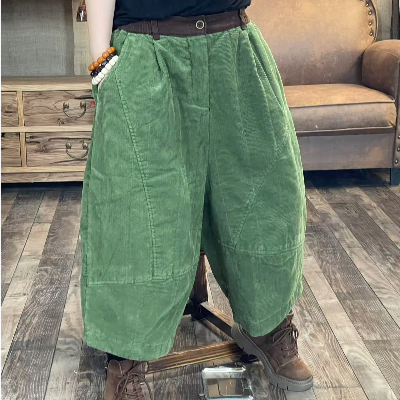 [四月阳光]冬季夹薄棉灯芯绒炒色拼接撞色休闲棉靴裤(长70臀围142