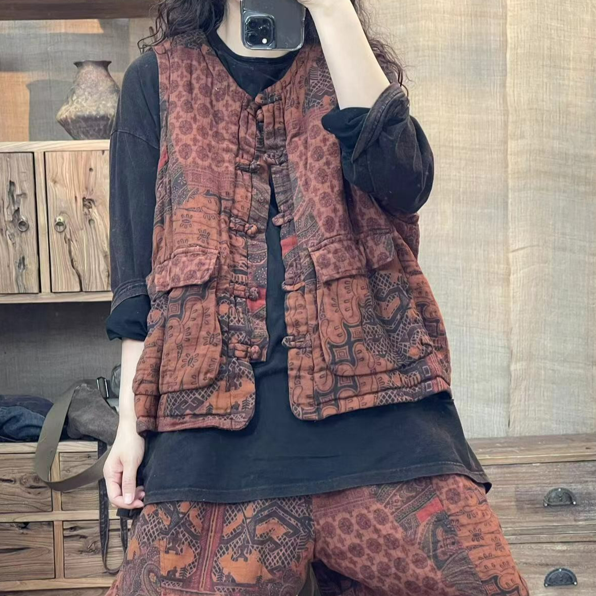 [四月阳光]冬季棉麻夹薄棉炒色印花盘扣休闲棉马夹(长60胸围132)