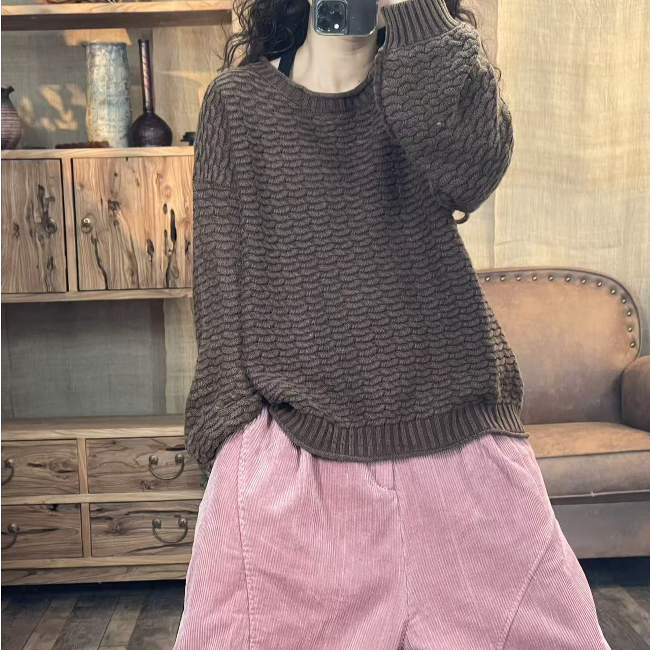 [四月阳光]冬季棉线花织炒色做旧女装百搭针织衫(长61胸围118)