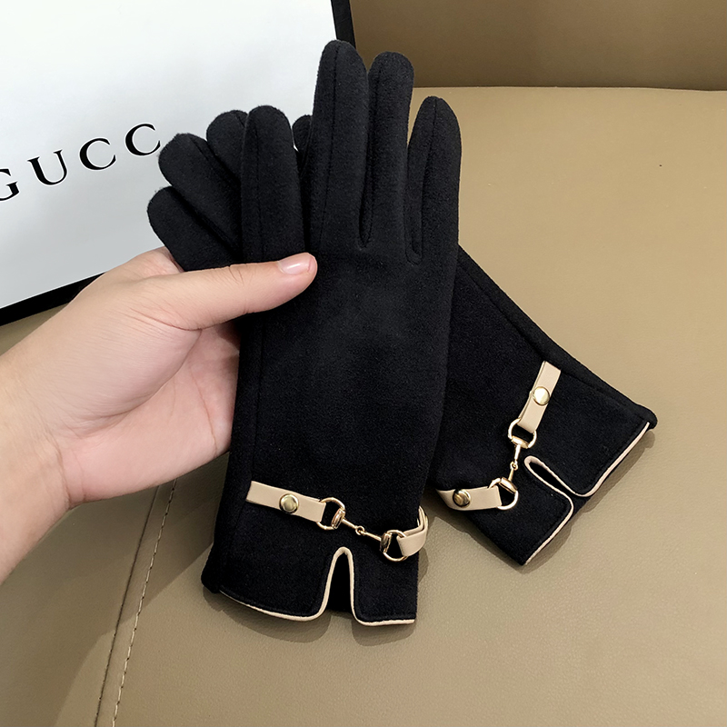韩版时尚金属扣手套女士秋冬加厚保暖开车骑行防风防寒可触屏手套