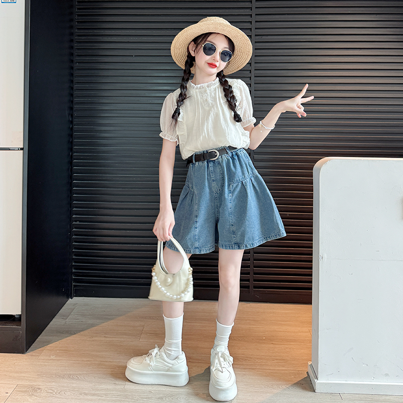 女童套装夏装2025新款儿童洋气娃娃衫中大童夏季牛仔短裤两件套潮