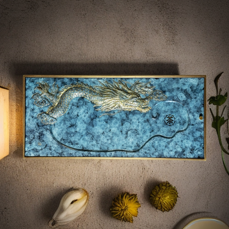 《龙腾盛世》锻打大茶盘铜雕刻紫铜茶具配件纯手工錾刻雕刻大茶盘