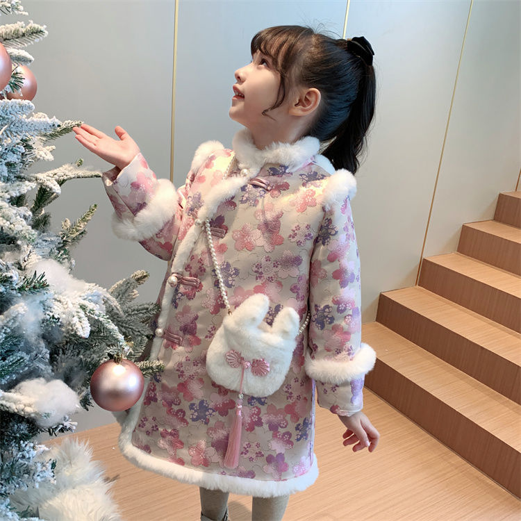 女童旗袍冬装2023新款儿童中国风新年裙小女孩夹棉加厚碎花连衣裙