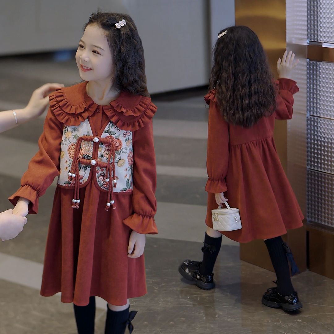 女童中国风连衣裙2023新款秋冬款学院风假两件套装洋气女亲子装