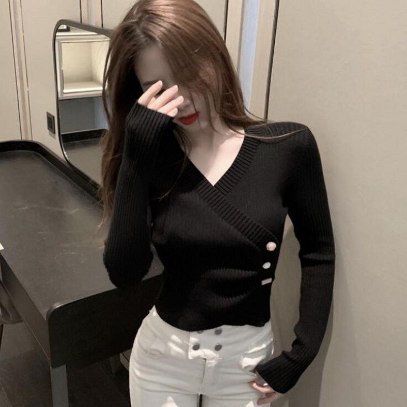 针织打底衫女春秋款内搭v领长袖修身设计感内搭别致冰丝上衣秋冬