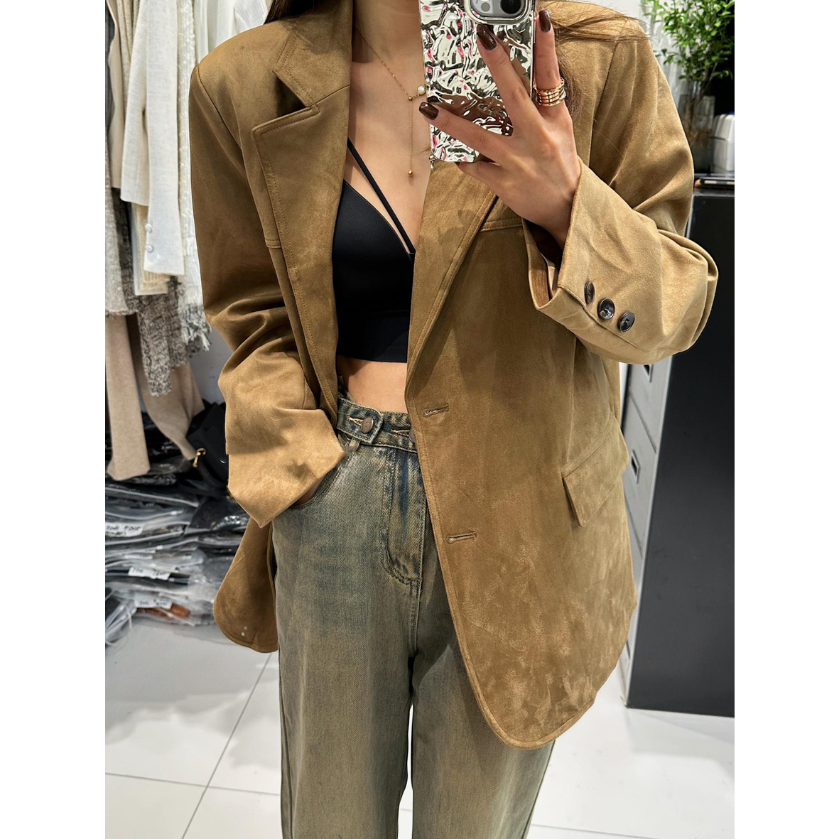 韩国东大门秋冬慵懒风复古西装外套高级感洋气鹿皮绒西服女2003