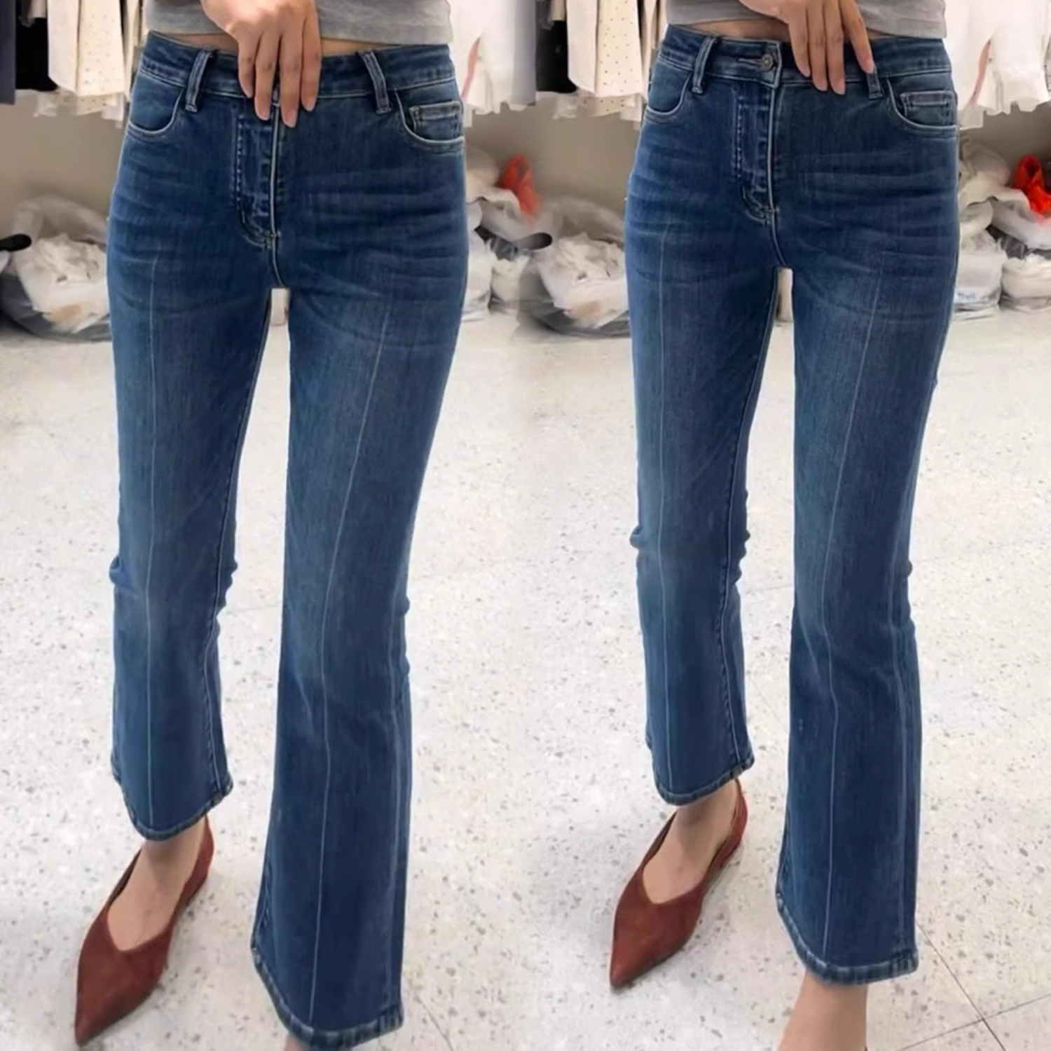 秋季新款大码弹力牛仔裤梨形身材裤子显瘦胖mm高腰九分微喇叭裤子