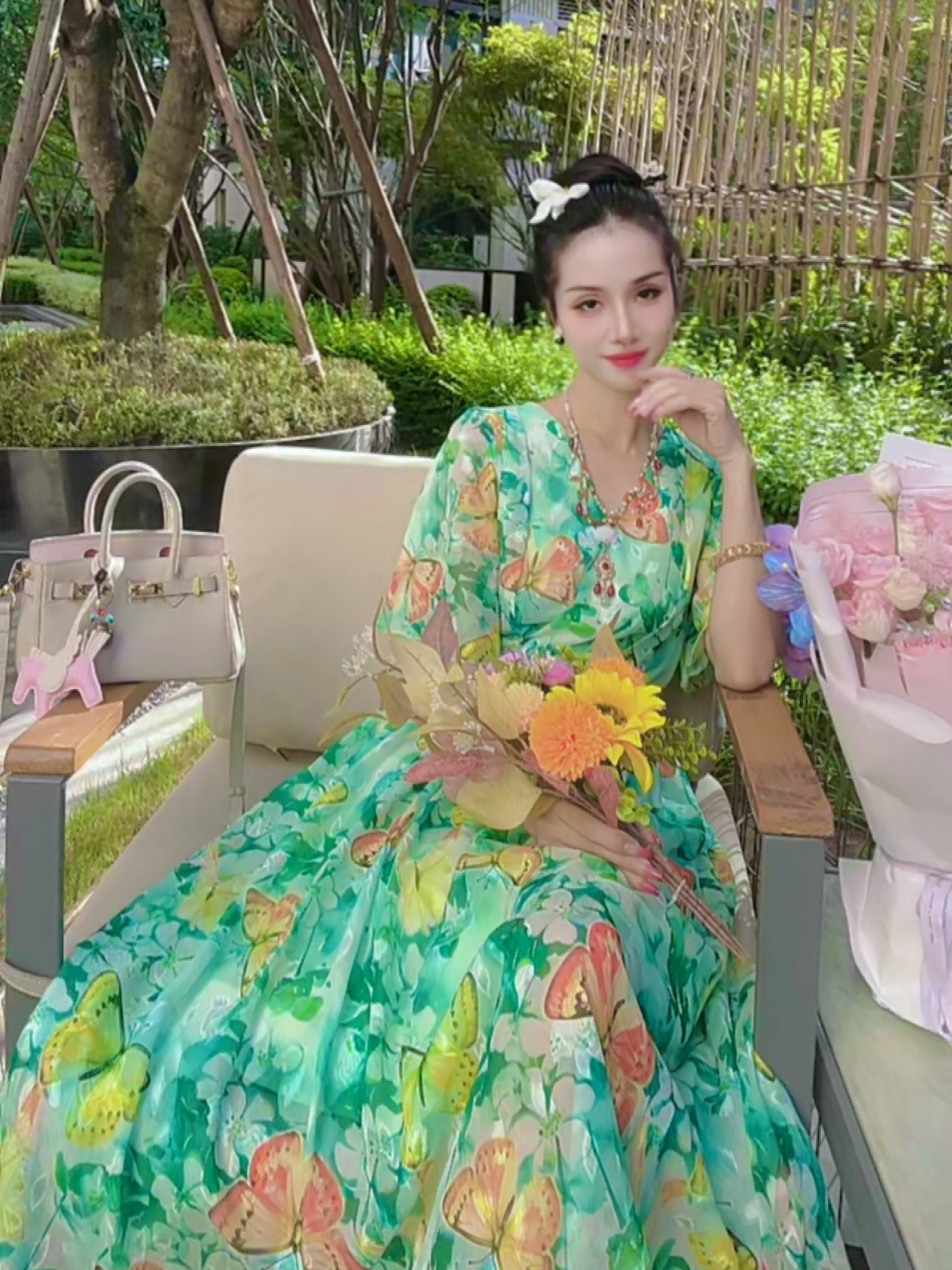 【蝶舞艳阳】带腰带油画风刺绣提花原创大裙摆显瘦长裙