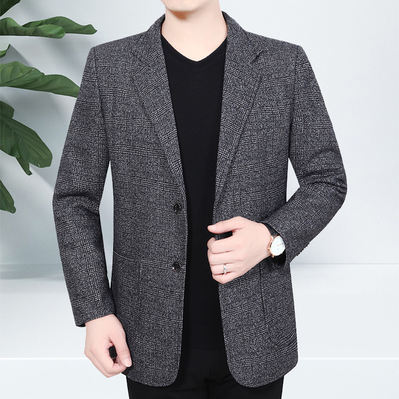 单件格子西装上衣男士春秋薄款宽松时尚西服中老年爸爸装休闲外套