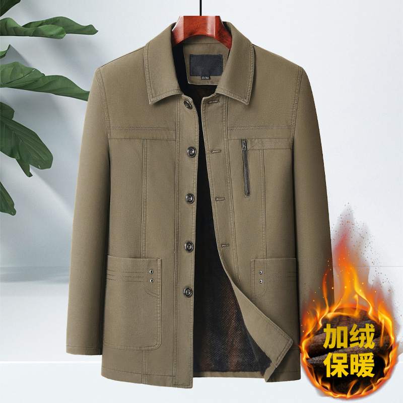 中老年男士加绒加厚棉夹克春秋冬宽松外套中年爸爸装扣子休闲上衣