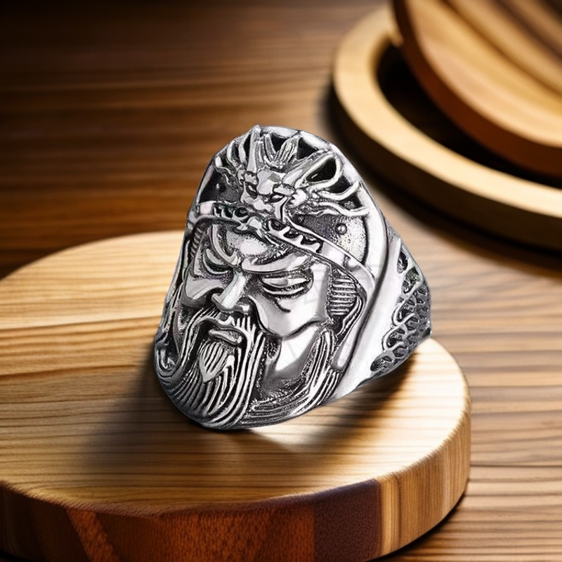 足银戒指 足银990 关公龙鳞纹开口忠字戒指武圣霸气 复古指环关羽